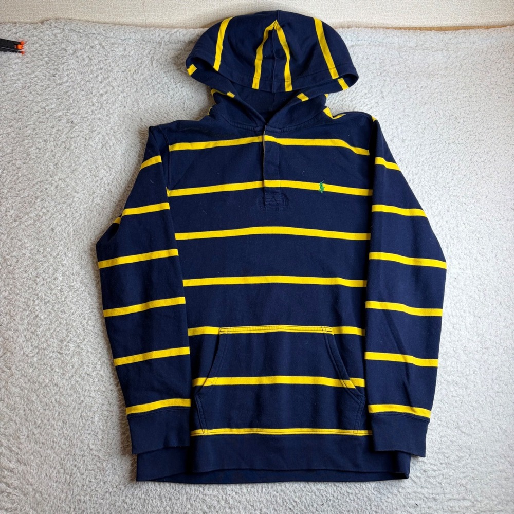 Polo Ralph Lauren Boys XL 18-20 Navy Yellow Striped Hoodie Pony Logo Sweatshirt